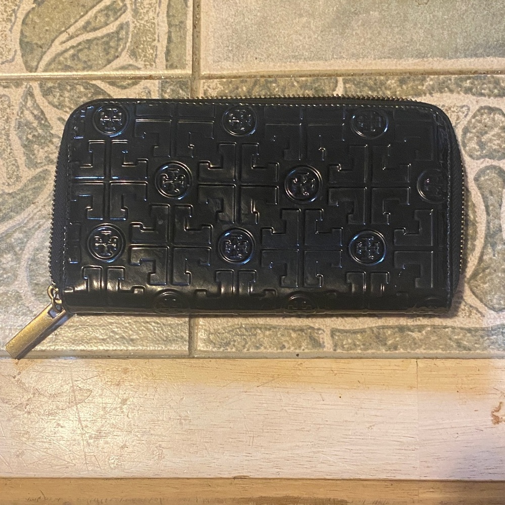 Black Embossed Tory Burch Zip Wallet